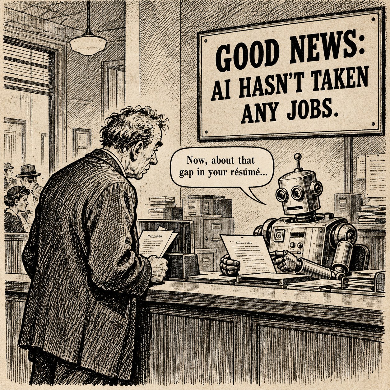 An AI interviewer questions a job seeker about a résumé gap beneath a sign claiming AI has not taken any jobs.